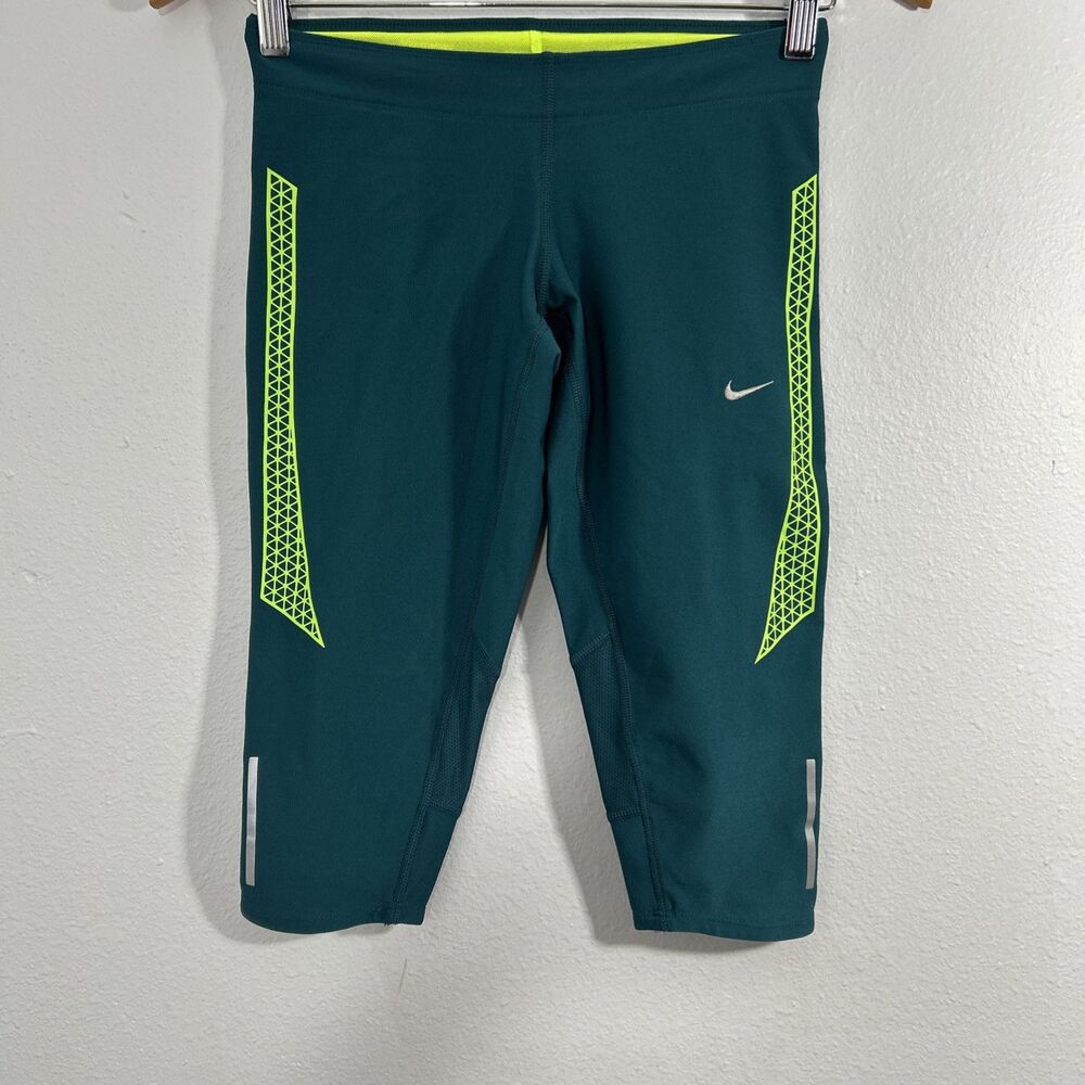 Nike Dri Fit Crop Tights Womens Extra Small Green Filament Running Athleisure
